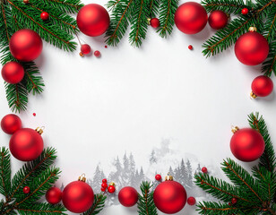 Christmas motif, frame of fir branches and red Christmas balls, space for text in the middle, white background, AI-generated image