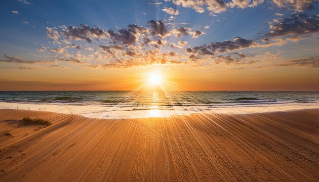Beach Background Rays Of Sunlight At Sunset Lake Michigan - Powered by Adobe