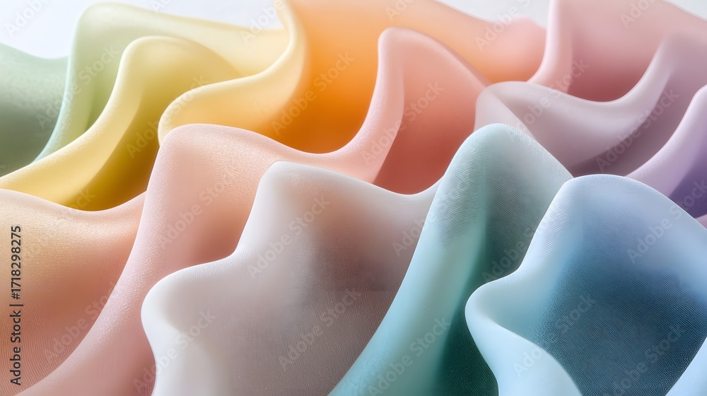 Poster a close-up view of a collection of smooth, flowing fabrics in a spectrum of pastel colors, showcasin