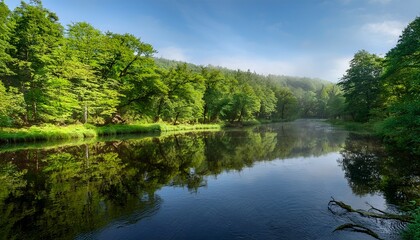 Serene Forest River Landscape With Lush Green Trees Reflecting In Tranquil Waters Ideal For Nature Backgrounds And Peaceful Scenery