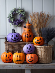 Halloween decorations for a house with pumpkins, ghosts, bats, and lights on a gray background. Purple, orange, rustic. Festive, spooky design for party invitations, advertising, and seasonal designs