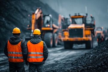 Road construction workers inspecting heavy machinery on a rugged road site