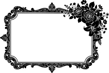 Elegant ornate black floral frame design, perfect for invitations, announcements, or decorative borders, adding a touch of vintage charm and sophistication.