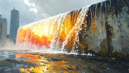 Urban waterfall in rain