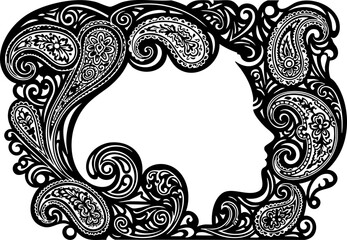Elegant paisley frame design with a woman's profile, perfect for sophisticated branding, invitations, and artistic projects.