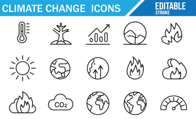 Stroke glyph icons of warming, melting, and environmental impact for awareness design
