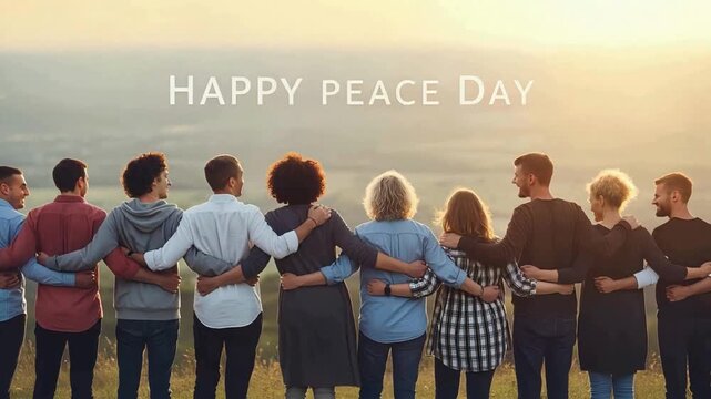 Diverse group embraces unity and hope at sunset, celebrating peace and connection in a shared moment of togetherness.