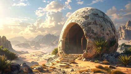 Desert oasis with a large, spherical stone structure