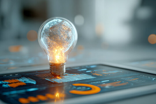 Digital light bulb with glowing earth and network connections symbolizing innovation and technology standing on a futuristic tablet display with data charts