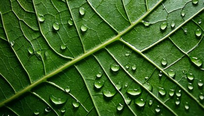 Fototapeta premium Vivid Natural Texture Of Wet Green Leaf With Veins Minimalist Nature Background With Dew Drops On Green Leaf Surface Beautiful Minimal Backdrop With Droplets On Leaf In Macro Nature Texture Of Leaf