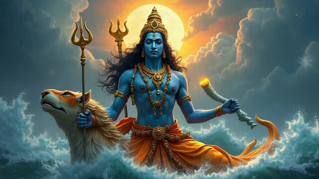An artistic depiction of Lord Shiva rising from the ocean, accompanied by a fierce tiger. The full moon illuminates the scene, creating a mystical aura. Lord Vishnu