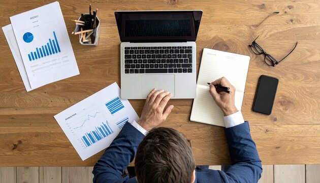 Top-down view of a workspace with laptop, charts, clipboard, smartphone, and eyeglasses on a wooden desk.