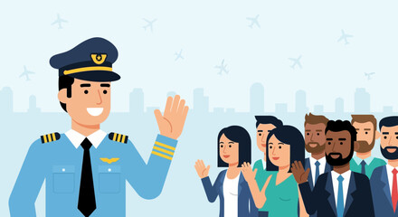 Pilot Greets Passengers, Airplane Departure, Travel Theme, Modern Flat Illustration