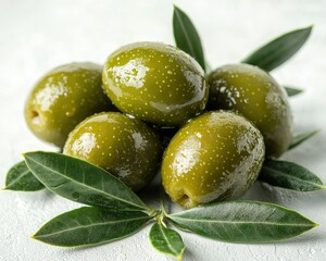 Close-up of plump green olives nestled on a light surface with fresh leaves