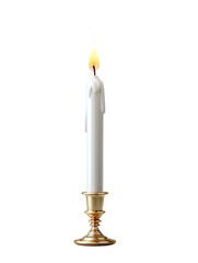 PNG Of A tall white candle burning in a golden holder, creating a serene and warm ambiance.