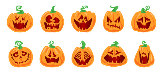 Collection of scary Halloween pumpkin faces isolated on transparent background. Vector illustration.