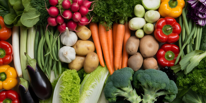 Assortment of fresh vegetables including carrots potatoes bell peppers and broccoli representing healthy eating and vibrant colors