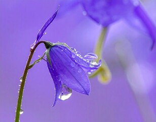 Close-up of a purple bellflower with dew drops