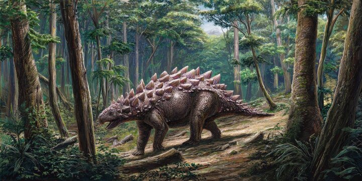 Armored ankylosaur walking through a prehistoric forest