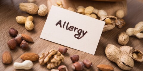 Allergy warning label surrounded by various nuts