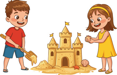 Children playing on beach, building sandcastle, summer fun, seaside activity, teamwork, shells, starfish, vacation, happy kids, outdoor creativity, ocean breeze