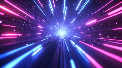 Naklejka premium Dynamic neon lines converge toward a central point in a dark, futuristic space.