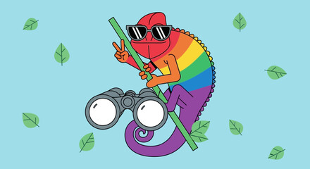 Rainbow Chameleon With Sunglasses Observing Nature With Binoculars In A Colorful Summer scene