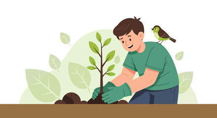 Person Planting A Tree With A Bird On Their Shoulder For Environmental Conservation
