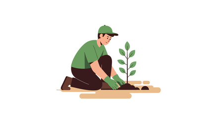 Person Planting a Tree, Environmentalist Effort, Green, Sustainable Actions, Modern Illustrations