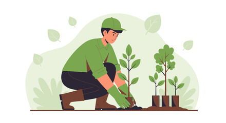 Person Planting Saplings: A Community Garden Concept with Environmental Focus Illustration