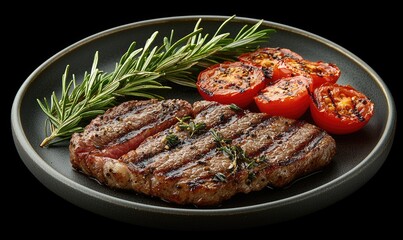 Grilled steak with cherry tomatoes and rosemary on a dark plate