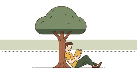 Relaxed Individual Reading Novel Under Branchy Canopy in Summertime