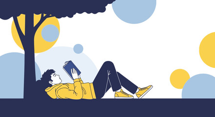 Person Relaxing Outdoors And Reading Under A Tree With Geometric Abstract Background