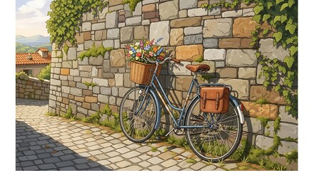 Vintage Bicycle Leaned Against Stone Wall.