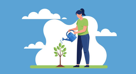 Person Watering Sapling Under Cloudy Sky, Promoting Growth and Environmental Consciousness