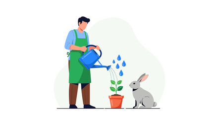Fototapeta premium Person Watering a Plant in a Pot with a Rabbit Watching a Garden Scene
