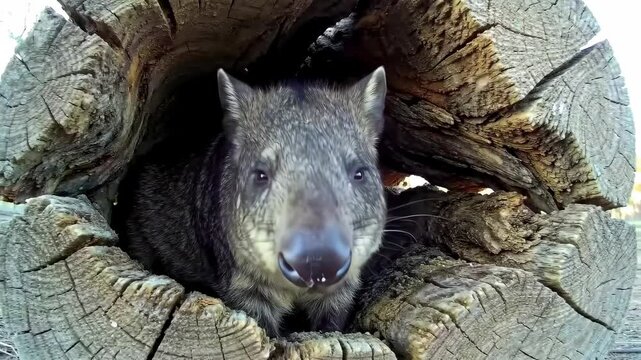 One collared peccary resting inside a hollow log, a mammal in its natural habitat outdoors.