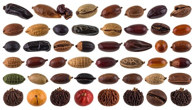 Assorted dried seeds and nuts on white background