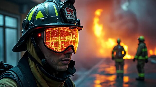 A firefighter's helmet AI overlays structural analysis and building house blueprint plan across smoke-filled corridors, emergency concept.