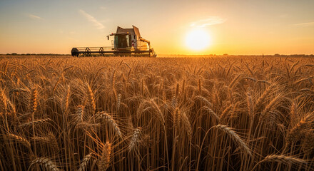 Fototapeta premium Golden wheat field at sunset, harvester working in background, showcasing agricultural harvest, symbolizes abundance, nature's bounty, and rural life