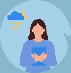 Flat vector of a person holding a book with night rain icon, symbolizing comfort, reflection, and calm learning under moody weather.  