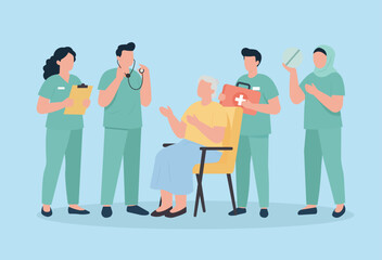 Fototapeta premium Flat vector of healthcare teamwork with doctors, nurses, and elderly patient in consultation, symbolizing care, support, and collaboration