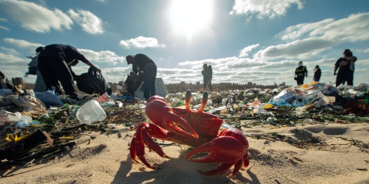Crab on polluted beach with volunteers cleaning trash - Powered by Adobe