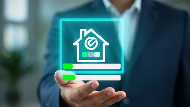 Energy efficiency concept. Person holding energy efficiency rating icon on virtual screen for energy efficient house building rate label audit..