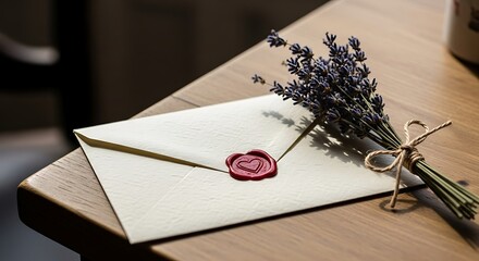 Vintage Envelope with Wax Seal and Lavender Bouquet.