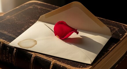 Vintage letter with rose petal on old book.