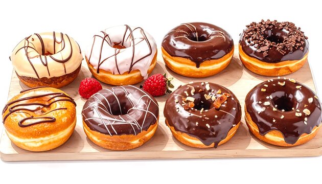Assorted glazed donuts on a wooden board - Powered by Adobe