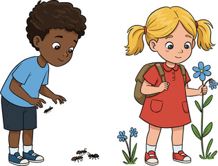 Children, nature, exploration, outdoor, learning, curiosity, flower, ants, backpack, observation, environment, discovery, childhood, garden, insect, botany, interaction, playtime, summer, adventure