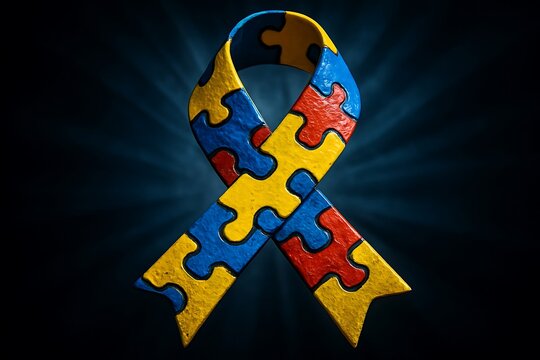 Symbol of autism awareness a colorful puzzle piece ribbon against a dark background with light rays
