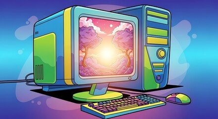 Vibrant Retro Computer Setup with Glowing Screen.
